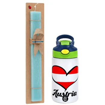 Austria flag, Easter Set, Children's thermal stainless steel bottle with safety straw, green/blue (350ml) & aromatic flat Easter candle (30cm) (TURQUOISE)