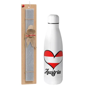 Austria flag, Easter Set, metallic stainless thermos bottle (500ml) & scented flat Easter candle (30cm) (GRAY)