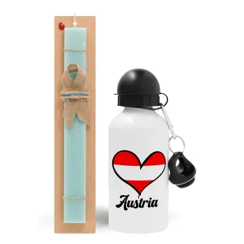 Austria flag, Easter Set, metallic aluminum water bottle (500ml) & scented flat candle (30cm) (TURQUOISE)