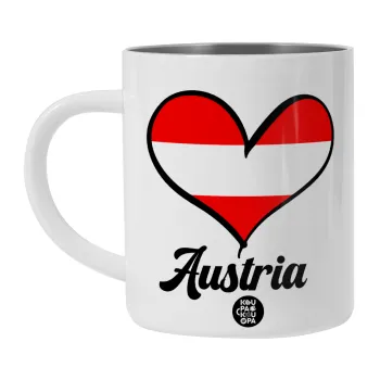 Austria flag, Λευκή Ανοξείδωτη Μεταλλική Κούπα 450ml - Διπλού Τοιχώματος 