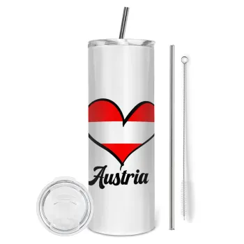 Austria flag, Tumbler ποτήρι θερμό από ανοξείδωτο ατσάλι 600ml, με μεταλλικό καλαμάκι & βούρτσα καθαρισμού