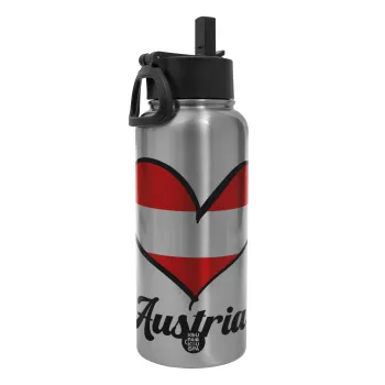 Austria flag, Metal mug thermo Silver with Straw and Spout Lid (Stainless steel), double wall, 950ml