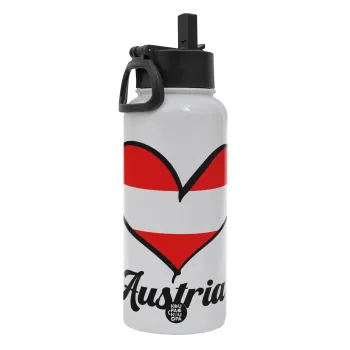 Austria flag, Metal mug thermo White with Straw and Spout Lid (Stainless steel), double wall, 950ml