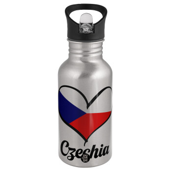 Czechia flag, Water bottle Silver with straw, stainless steel 500ml