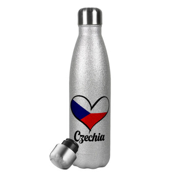 Czechia flag, Μεταλλικό παγούρι θερμός Glitter Aσημένιο (Stainless steel), διπλού τοιχώματος, 500ml