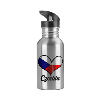 Czechia flag, Water bottle Silver with straw, stainless steel 600ml