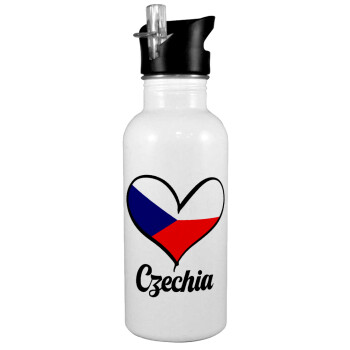 Czechia flag, White water bottle with straw, stainless steel 600ml