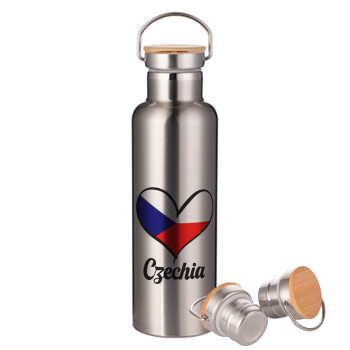 Czechia flag, Stainless steel Silver with wooden lid (bamboo), double wall, 750ml