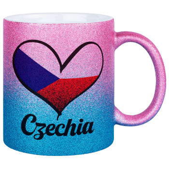 Czechia flag, Κούπα Χρυσή/Μπλε Glitter, κεραμική, 330ml