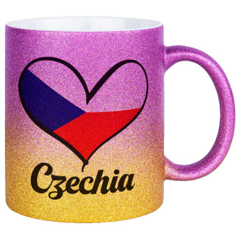 Czechia flag, Κούπα Χρυσή/Ροζ Glitter, κεραμική, 330ml