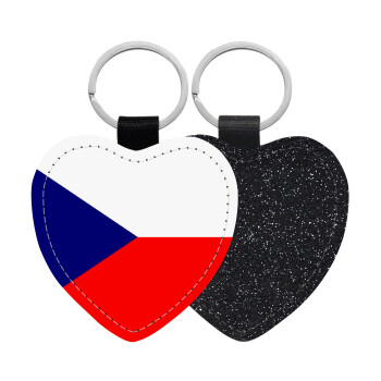 Czechia flag, Μπρελόκ PU δερμάτινο glitter καρδιά ΜΑΥΡΟ