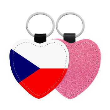 Czechia flag, Μπρελόκ PU δερμάτινο glitter καρδιά ΡΟΖ