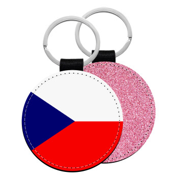 Czechia flag, Μπρελόκ Δερματίνη, στρογγυλό ΡΟΖ (5cm)