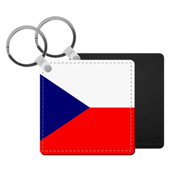 Czechia flag, Μπρελόκ Δερματίνη, τετράγωνο ΜΑΥΡΟ (5x5cm)