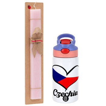 Czechia flag, Easter Set, Children's thermal stainless steel water bottle with safety straw, pink/purple (350ml) & Easter scented flat candle (30cm) (PINK)