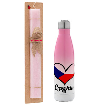 Czechia flag, Πασχαλινή Λαμπάδα με Μεταλλικό παγούρι θερμός Ροζ/Λευκό (Stainless steel), διπλού τοιχώματος, 500ml & κερί αρωματικό πλακέ (30cm) (ΡΟΖ)