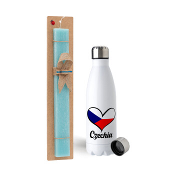 Czechia flag, Easter Set, metallic stainless steel water bottle (750ml) & aromatic flat Easter candle (30cm) (TURQUOISE)