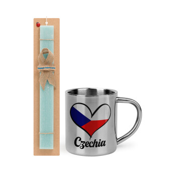 Czechia flag, Easter Set, metallic thermal cup (300ml) & aromatic flat Easter candle (30cm) (TURQUOISE)