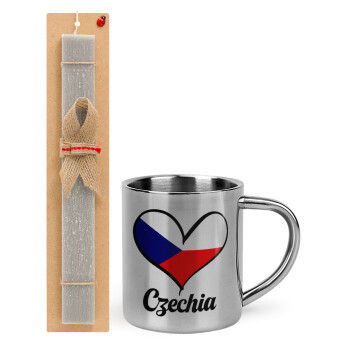 Czechia flag, Πασχαλινό Σετ, μεταλλική κούπα θερμό (300ml) & πασχαλινή λαμπάδα αρωματική πλακέ (30cm) (ΓΚΡΙ)