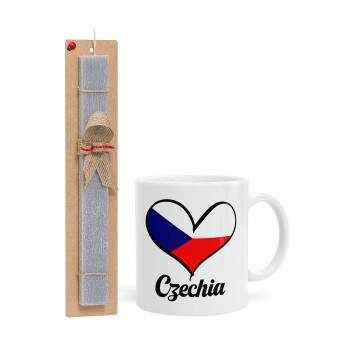 Czechia flag, Πασχαλινή Λαμπάδα με Κούπα κεραμική (330ml) & κερί αρωματικό πλακέ (30cm) (ΓΚΡΙ)