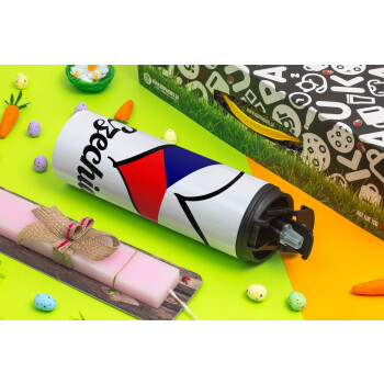 Czechia flag, Easter candle,Travel Tumbler 2 Lids, with metal straw & cleaning brush & aromatic flat candle (30cm) (PINK)