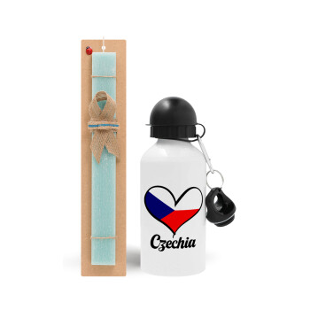 Czechia flag, Πασχαλινή Λαμπάδα με παγούρι μεταλλικό αλουμινίου (500ml) & λαμπάδα αρωματική πλακέ (30cm) (ΤΙΡΚΟΥΑΖ)