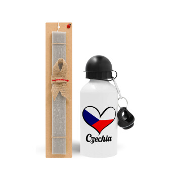 Czechia flag, Easter Set, metallic aluminum water bottle (500ml) & aromatic flat Easter candle (30cm) (GRAY)