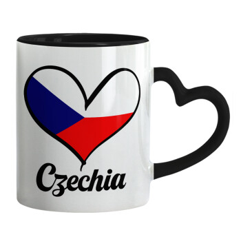 Czechia flag, Κούπα καρδιά χερούλι μαύρη, κεραμική, 330ml