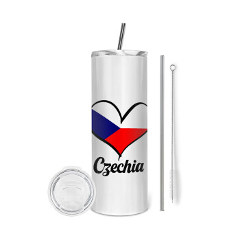 Czechia flag, Tumbler ποτήρι θερμό από ανοξείδωτο ατσάλι 600ml, με μεταλλικό καλαμάκι & βούρτσα καθαρισμού
