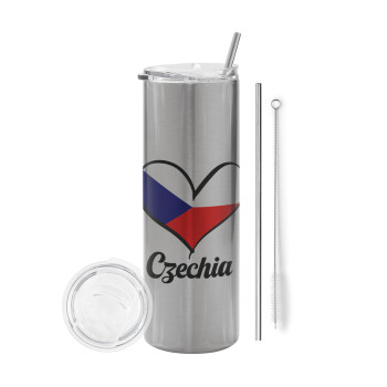 Czechia flag, Eco friendly stainless steel Silver tumbler 600ml, with metal straw & cleaning brush