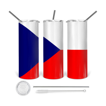 Czechia flag, Tumbler stainless steel 600ml, with metal straw & cleaning brush
