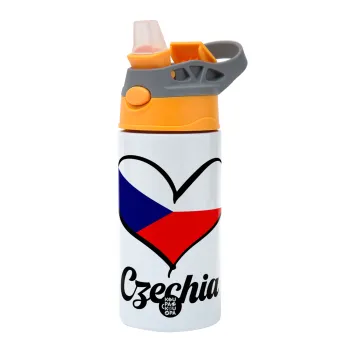Czechia flag, Children's hot water bottle, stainless steel, with safety straw, Orange/Grey (360ml) BPA-FREE
