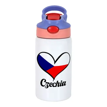 Czechia flag, Children's hot water bottle, stainless steel, with safety straw, pink/purple (350ml)