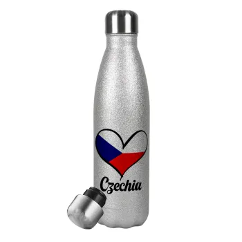 Czechia flag, Μεταλλικό παγούρι θερμός Glitter Aσημένιο (Stainless steel), διπλού τοιχώματος, 500ml