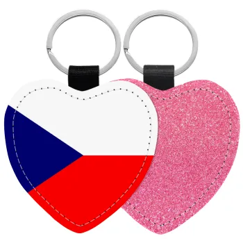 Czechia flag, Μπρελόκ PU δερμάτινο glitter καρδιά ΡΟΖ