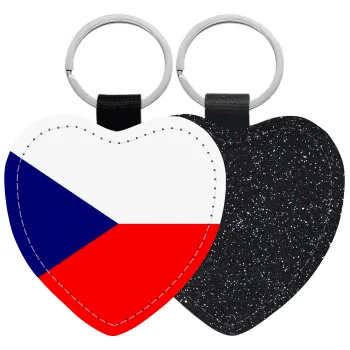 Czechia flag, Μπρελόκ PU δερμάτινο glitter καρδιά ΜΑΥΡΟ
