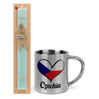 Czechia flag, Easter Set, metallic thermal cup (300ml) & aromatic flat Easter candle (30cm) (TURQUOISE)