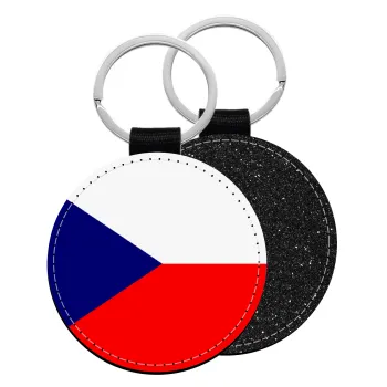 Czechia flag, Μπρελόκ Δερματίνη, στρογγυλό ΜΑΥΡΟ (5cm)