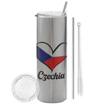 Czechia flag, Tumbler ποτήρι θερμό Ασημένιο από ανοξείδωτο ατσάλι 600ml, με μεταλλικό καλαμάκι & βούρτσα καθαρισμού