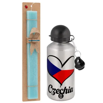 Czechia flag, Easter Set, metallic silver aluminum water bottle (500ml) & scented flat Easter candle (30cm) (TURQUOISE)