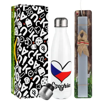 Czechia flag, Easter candle, metallic white thermos bottle (500ml) & aromatic flat candle (30cm) (GRAY)