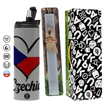Czechia flag, Πασχαλινή Λαμπάδα με Travel Tumbler θερμό (600ml, BPA free) & κερί αρωματικό πλακέ (30cm) (ΓΚΡΙ)