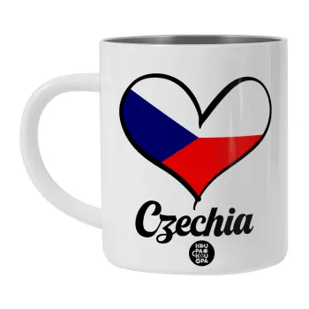 Czechia flag, Λευκή Ανοξείδωτη Μεταλλική Κούπα 450ml - Διπλού Τοιχώματος 