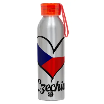 Czechia flag, Αλουμινένιο Αθλητικό Μπουκάλι 650ml – Ασημί με Κόκκινο Καπάκι και Λουράκι Σιλικόνης