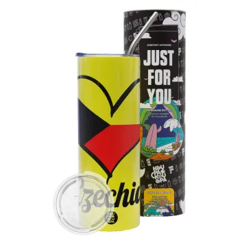 Czechia flag, Neon Yellow Travel Tumbler θερμό, μεταλλικό καλαμάκι(Ανωξείδωτο 304 Food grade, BPA free, 600ml)