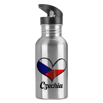 Czechia flag, Water bottle Silver with straw, stainless steel 600ml