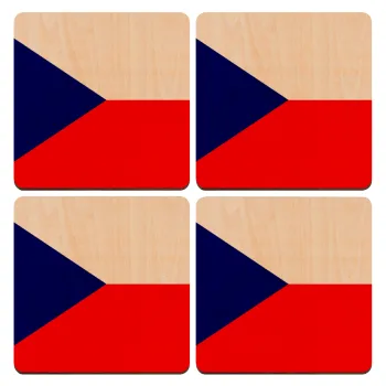 Czechia flag, ΣΕΤ x4 Σουβέρ ξύλινα τετράγωνα plywood (9cm)
