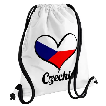 Czechia flag, Backpack pouch GYMBAG white, with pocket (40x48cm) & thick cords
