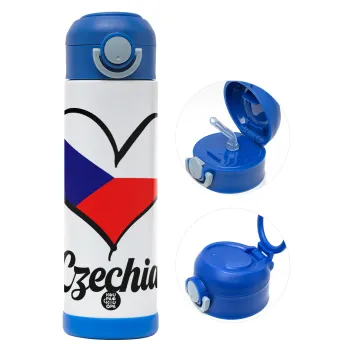 Czechia flag, Children's hot water bottle, stainless steel, with safety straw, BLUE (500ml)