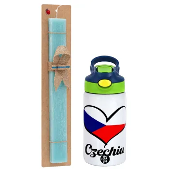 Czechia flag, Easter Set, Children's thermal stainless steel bottle with safety straw, green/blue (350ml) & aromatic flat Easter candle (30cm) (TURQUOISE)